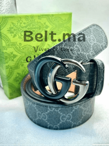 Ceinture Gucci boucle en cuir imprimé gris/noir (BLT GG H004)