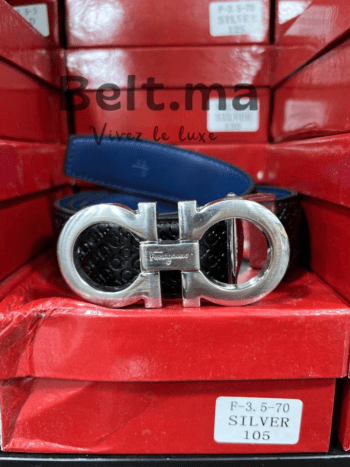 Ceinture Ferragamo boucle argenté en cuir noir/bleu (BLT SF H0013)