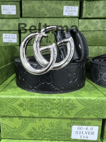Ceinture Gucci boucle argenté en cuir imprimé noir (BLT GG H002)