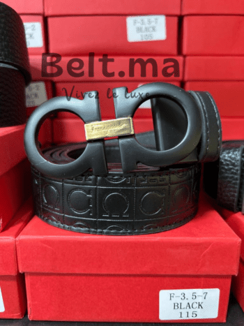 Ceinture Ferragamo boucle noir en cuir noir imprimé (BLT SF H0010)