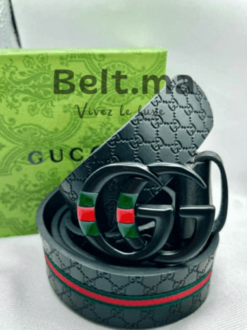 Ceinture Gucci boucle noir en cuir imprimé noir (BLT GG H003)