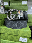 Ceinture Gucci boucle argenté en toile gris/noir (BLT GG H0013)