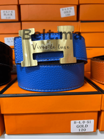 Ceinture Hermès en cuir bleu roi boucle doré (BLT H H002)